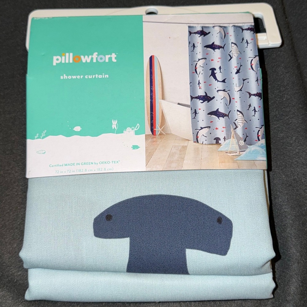 Pillowfort Shark Shower Curtain Blue Nautical Sea Life 72x72 Fabric NEW